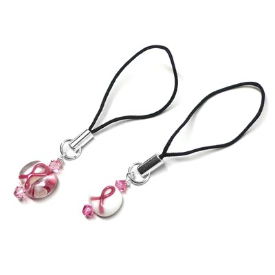 Set of 2 Pink Ribbon Breast Cancer Awareness Lamp Work Glass Cell Phone Charms - image1